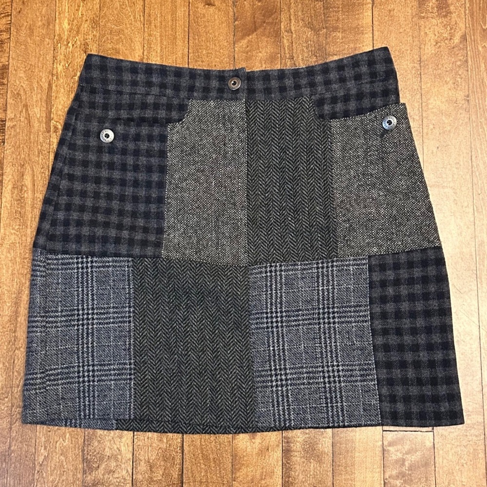 Brooks Brothers Patchwork Mini Skirt Women 4 Grey Wool EHerringbone Plaid preppy